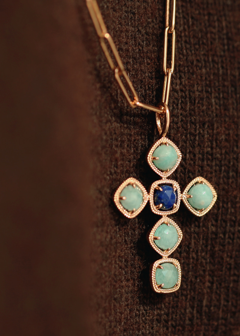 Amazonite, Lapis Lazuli Cross Pendant 18K 아마조나이트, 라피스라줄리 십자가 펜던트