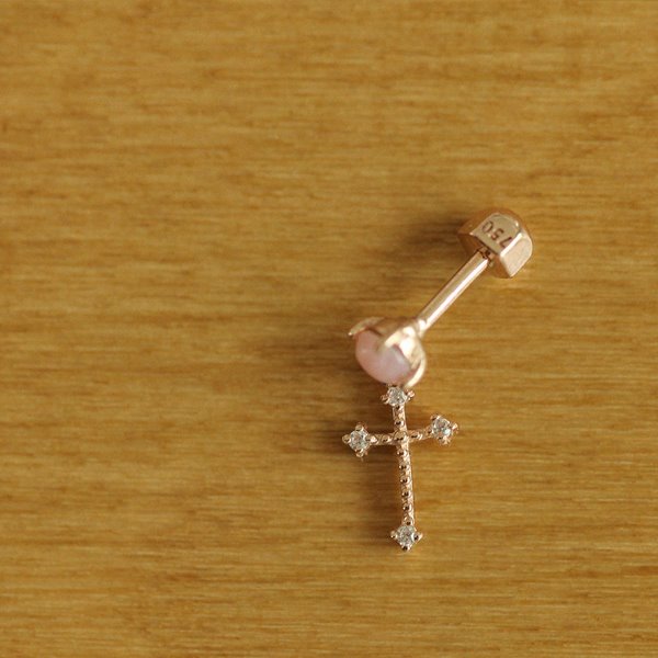SingleㆍPink Opal, Cognac Diamond Cross Dangle Piercing 18K 낱개ㆍ핑크 오팔, 꼬냑 다이아몬드 십자가 달랑 피어싱