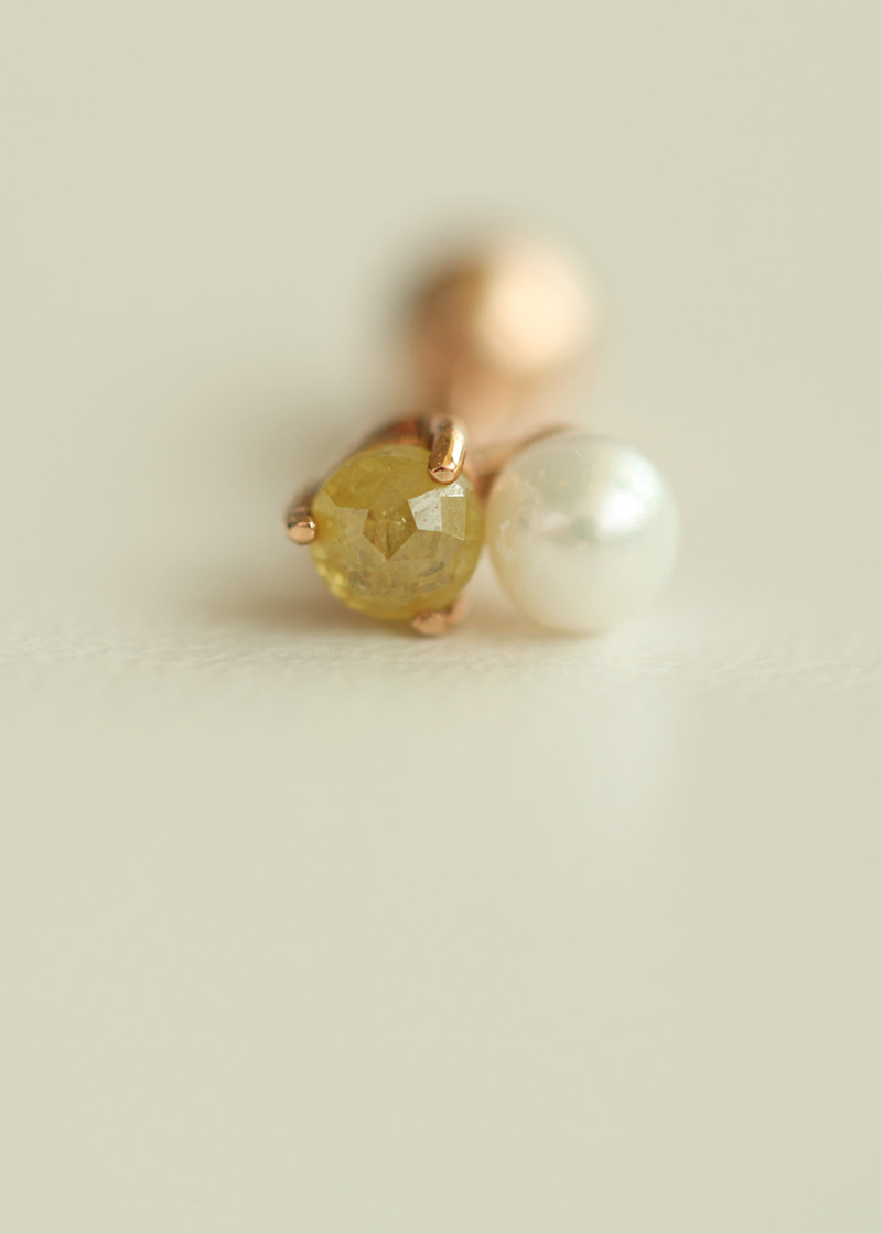 SingleㆍYellow Rough Diamond, Freshwater Pearl Double Piercing 18K 낱개ㆍ옐로우 러프 다이아몬드, 담수 진주 더블 피어싱