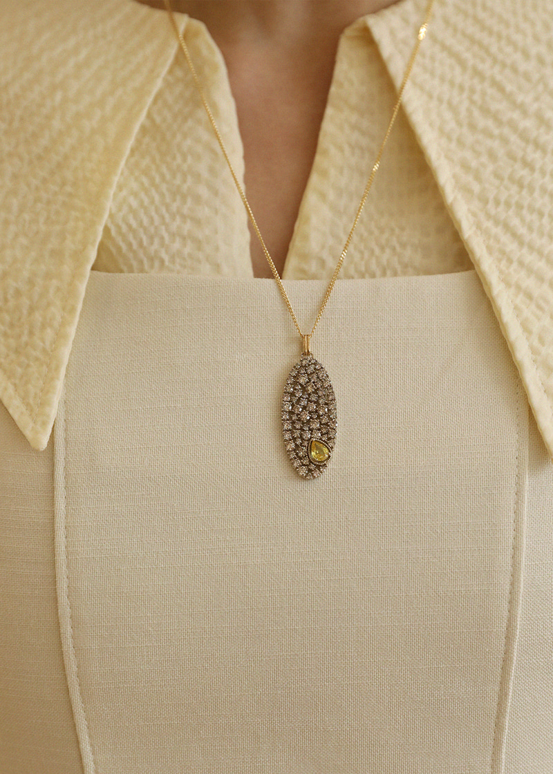 Cognac Diamond, Pear Yellow Sapphire Long Necklace 18K 꼬냑 다이아몬드, 물방울 옐로우 사파이어 롱 목걸이