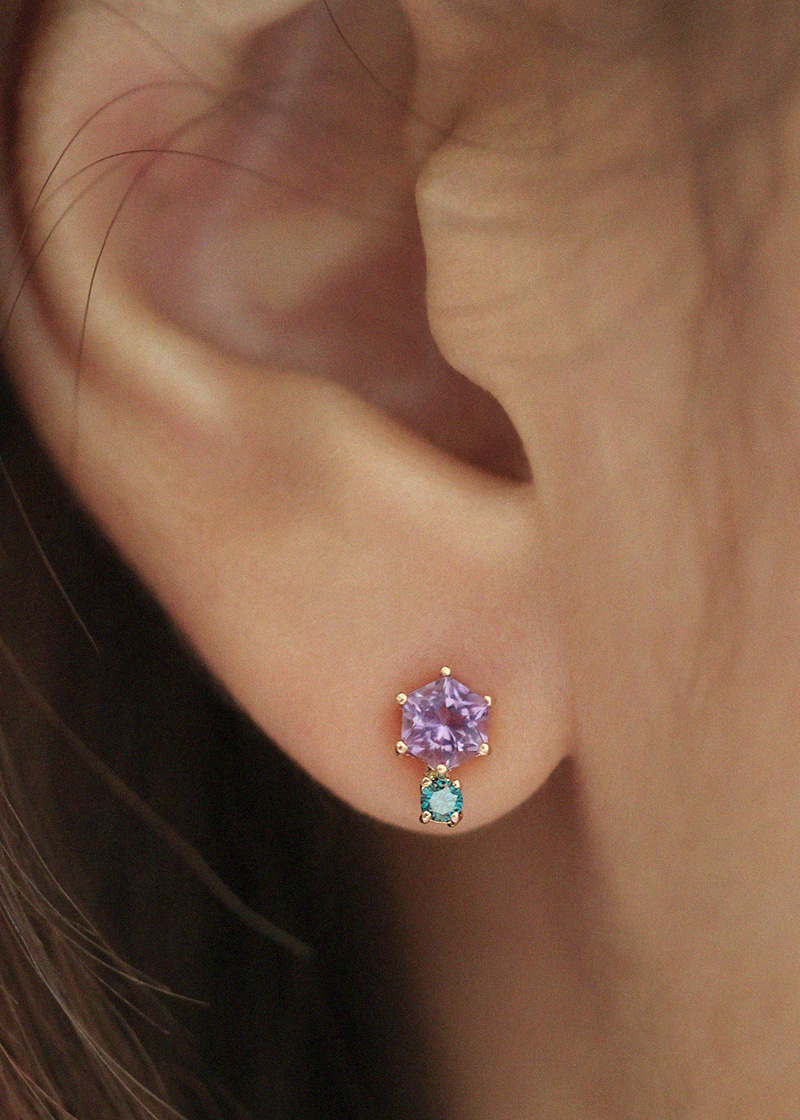 Low Blue Diamond, Hexagon Amethyst Earrings 18K 로우 블루 다이아몬드, 육각 자수정 귀걸이
